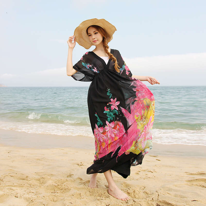 Fashionable Dress Seaside Vacation Oversized Beach Skirt Chiffon Floral Short Sleeved V-neck Dress Short Waist Novelty Pregnant Womens Dress
