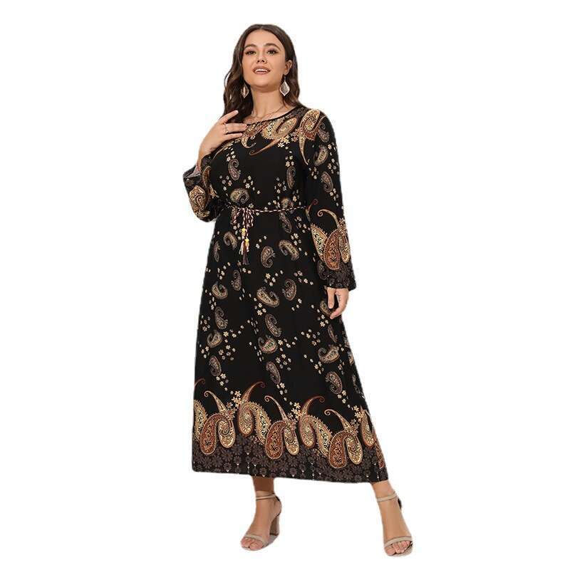 Hot Selling Large Size Sleeved in the United States Womens Spring Autumn Cashew Print Loose and Slimming Long Dresses Novelty Silk Dress Round Neck Dr