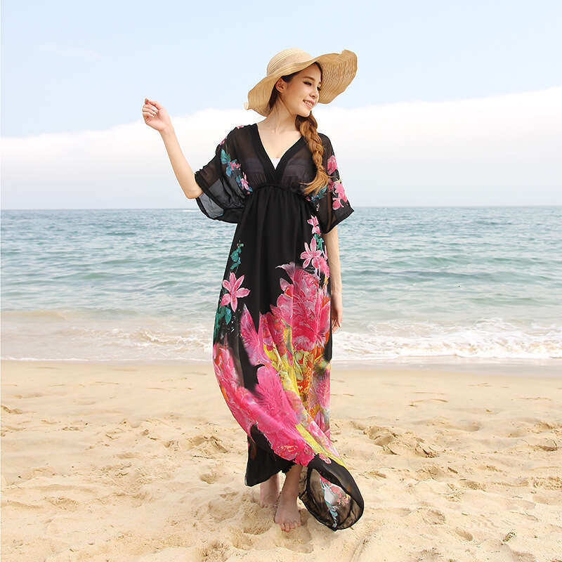 Fashionable Dress Seaside Vacation Oversized Beach Skirt Chiffon Floral Short Sleeved V-neck Dress Short Waist Novelty Pregnant Womens Dress