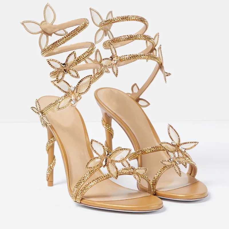 New Arrival Crystal Embossed Butterfly Detail Womens Sandals Sexy Roll Belt High Heels Gladiator Sandals Summer Party Ball Shoes T250409
