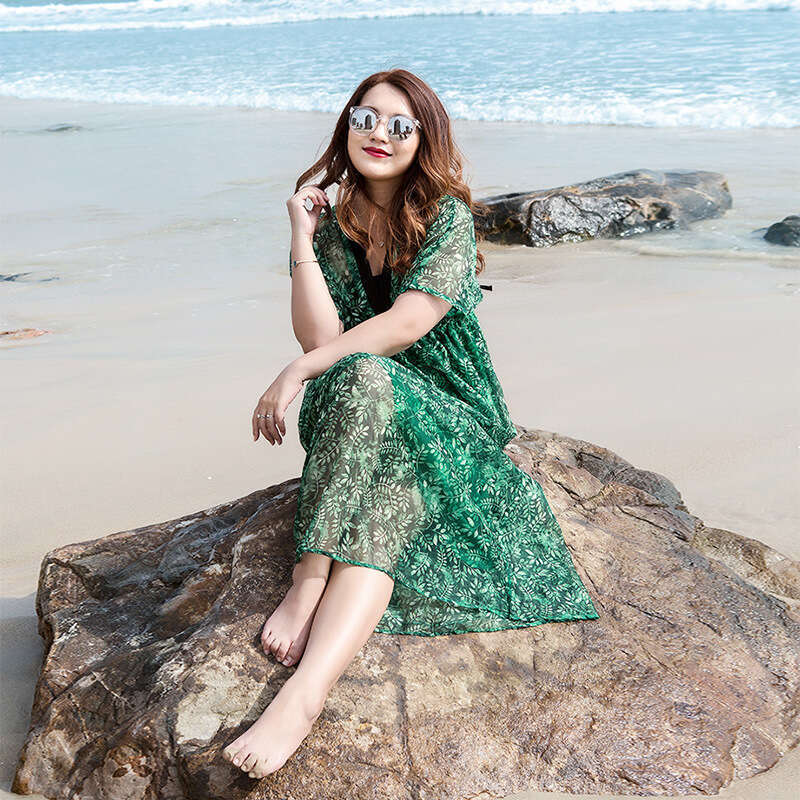 New Oversized Womens Dress Chubby Little Sister Short Sleeved Deep V-neck Green Printed Chiffon Long Skirt Waist Loose Short Lace Dress Silk Dress