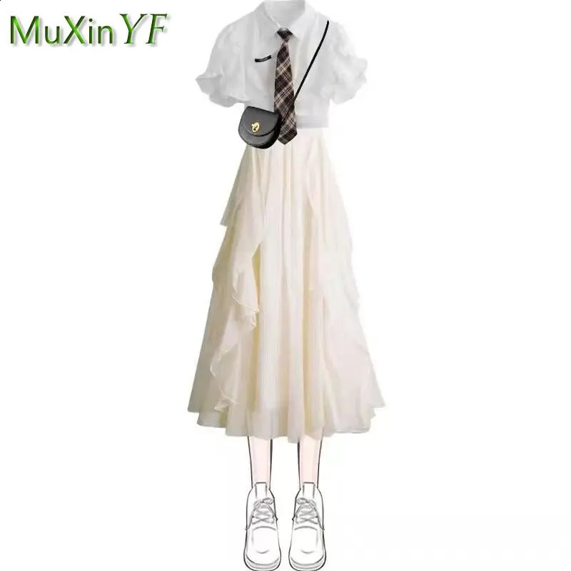 Womens Summer Dress Suit Fashion Short Sleeve Blouse Sling Skirt Two Piece Korean Elegant Girl Shirt Matching Set 240727