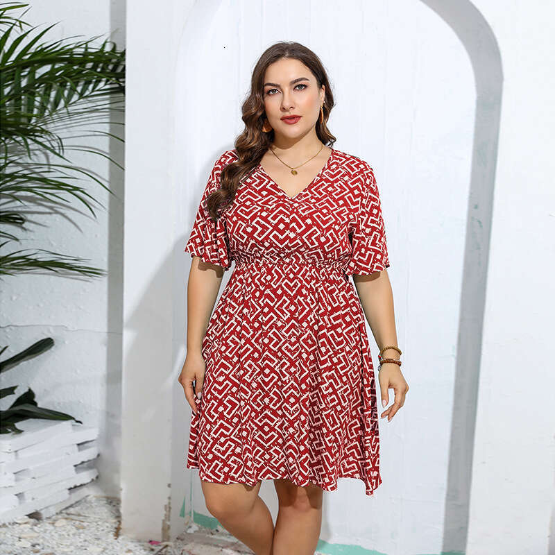 New Hot Selling Sexy V-neck Short Sleeved Dress in Plus Size with Elastic Waist for Slimming Effect Mid Length Skirt Sexy Dress Waist Sexy Lace Dress