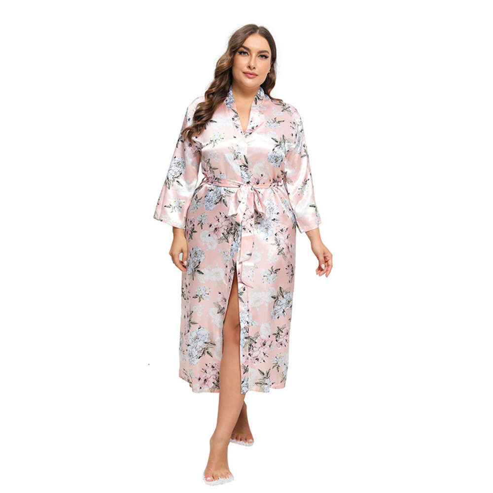 Large size imitation silk pamas for women loose fitting womens long sleeved satin bathrobe printed home clothing