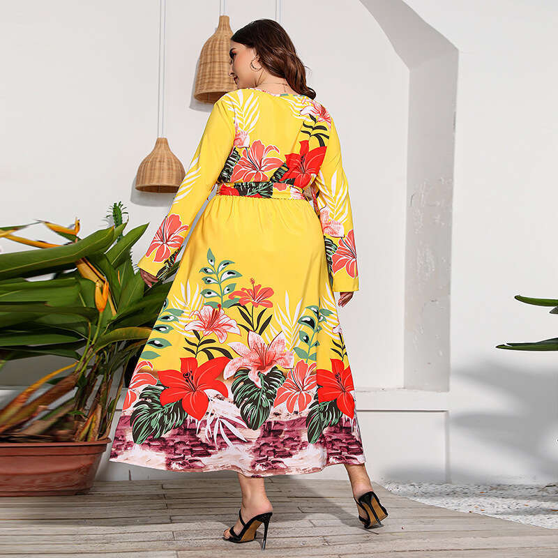 New Spring and Autumn Breeze Size Sleeved Flower Dress with Large Hem Printed Long Skirt 200kg Fat Mm Wearable Loose Novelty Sexy Oversize Dress
