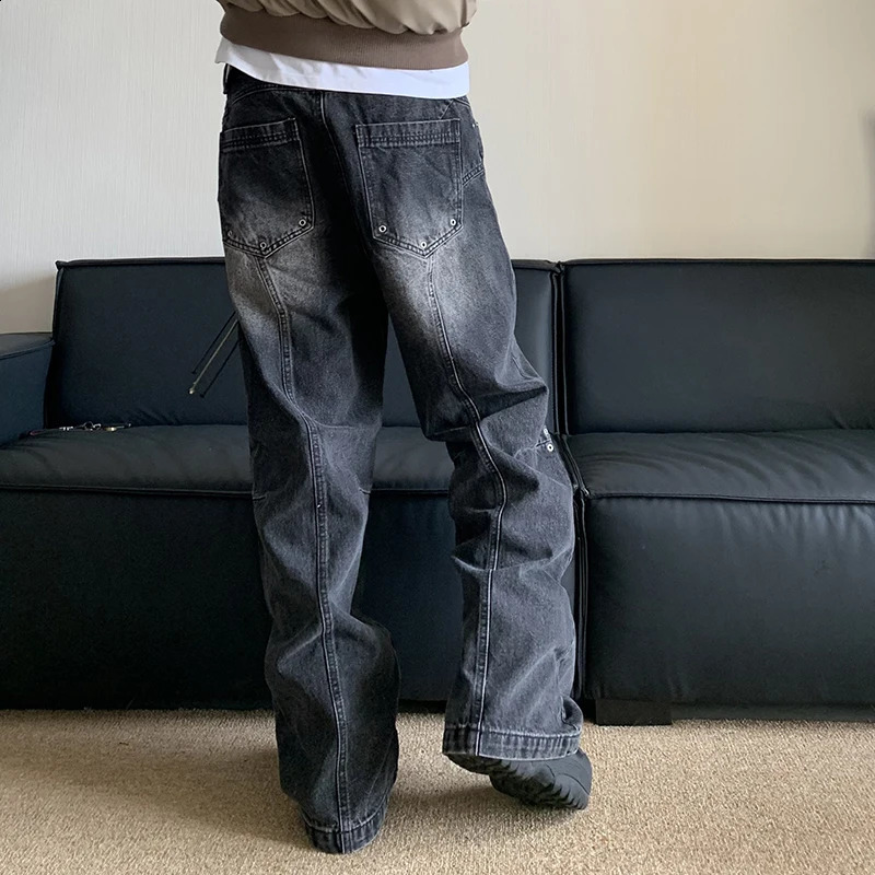 FEWQ Wash Gradient Rivet Cleaning Jeans Mens Niche Wide Leg Straight Trend 2024 Retro Fashion Men Trouser 24E1084 240726