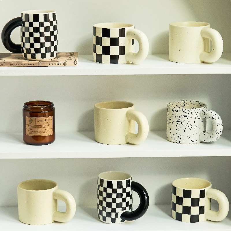 Nordic Monochrome Cup Black and White Checkerboard Mug Ceramic Cup Ins Coffee Cup Dish Afternoon Tea Cups Creative Mugs 240712bj S25109