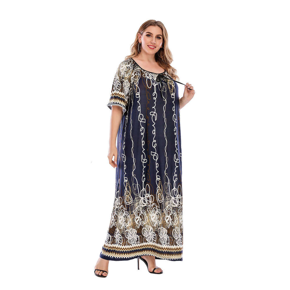 Saudi Arabias Best-selling Palace Gorgeous Navy Blue Graffiti Oversized Loose and Chubby Mm Ice Silk Dress 25 Long Summer Dress Loose Sexy Silk Dress