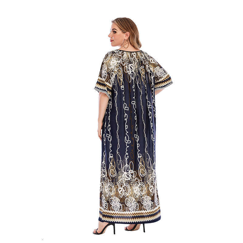 Saudi Arabias Best-selling Palace Gorgeous Navy Blue Graffiti Oversized Loose and Chubby Mm Ice Silk Dress 25 Long Summer Dress Loose Sexy Silk Dress