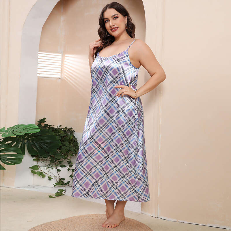 New Fat mm Large Home Fury Imitation Silk Purple Plaid Sleeveless Loose Sling Dress