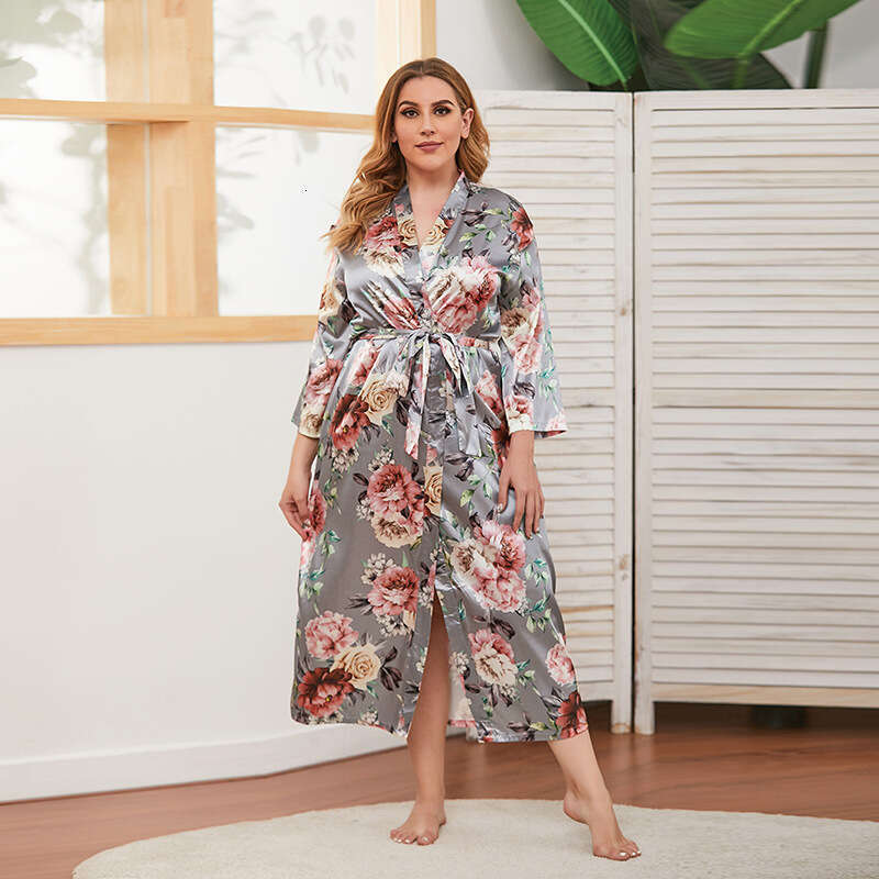 Large size Japanese style pajamas simulated silk chubby mm long sleeved womens home clothes can be worn externally for 200 pounds