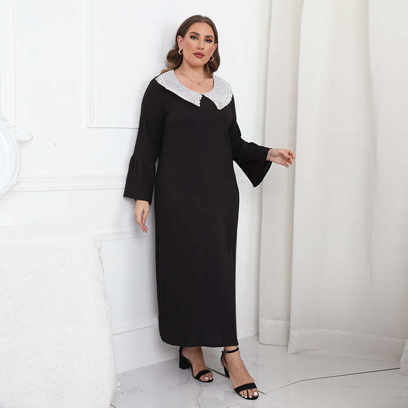 Hot Selling Large Size French Hepburn Style Lace Glitter Dress with Sleeves Elegant and Loose Fitting Long Skirt Self-cultivation Short Denim Dress