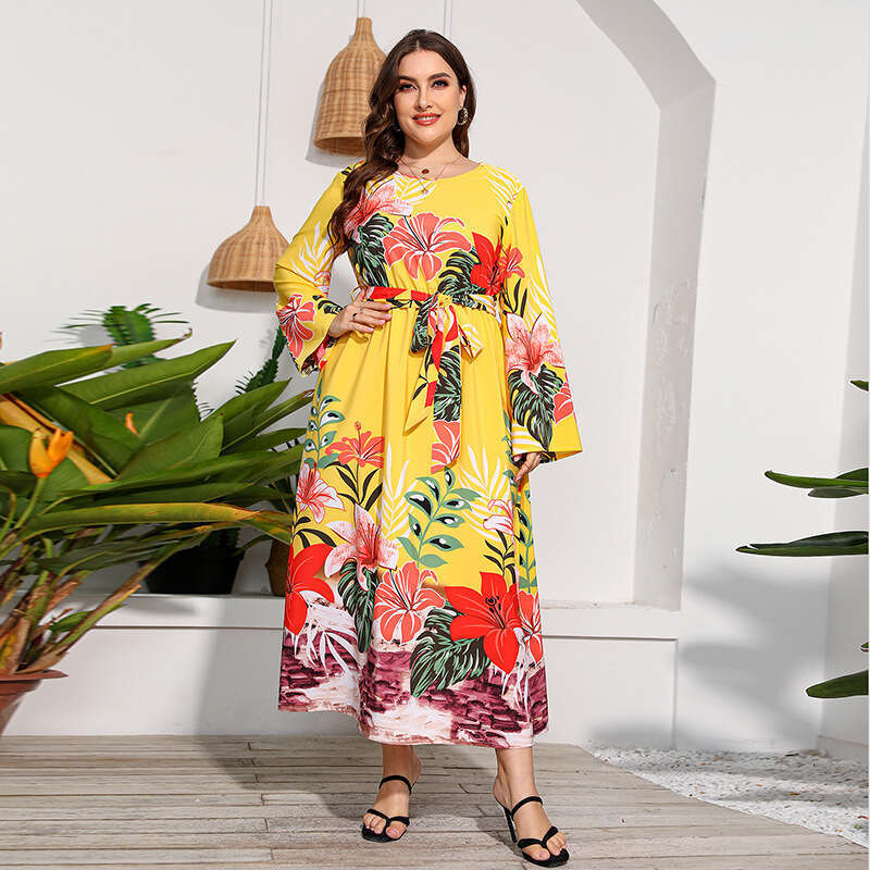 New Spring and Autumn Breeze Size Sleeved Flower Dress with Large Hem Printed Long Skirt 200kg Fat Mm Wearable Loose Novelty Sexy Oversize Dress