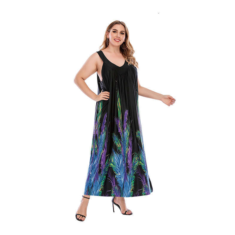 Womens Oversized Clothing Weighing 200 Pounds Chubby Mm Can Wear A Loose V-neck Dress with Black Feathers for Women Loose Waist Bifurcated BOHO DRESS