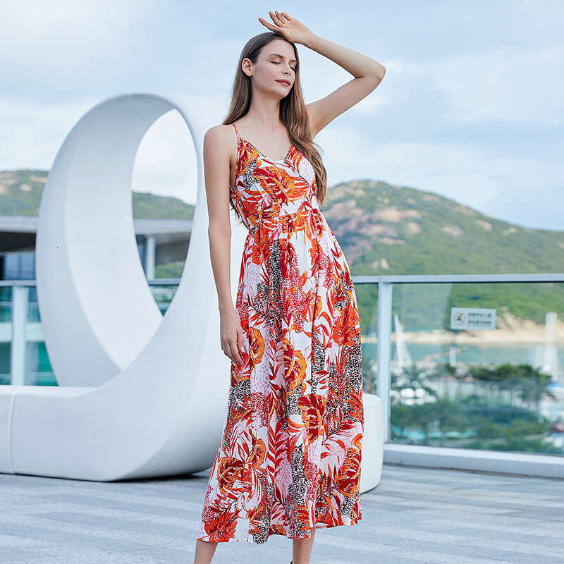 Hot Selling Latin American Camisole Backless Dress for Women with Bohemian Style Printed V-neck Slit Long Skirt Temperament Waist Oversize Dress Lace 