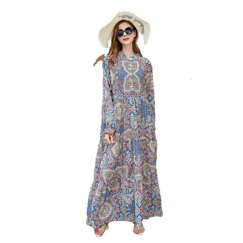 New French Floral V-neck Oversized Dress Childrens Spring and Autumn Temperament Gentle Style Bubble Sleeve Long Skirt Pregnant Womens Dress Silk Dres