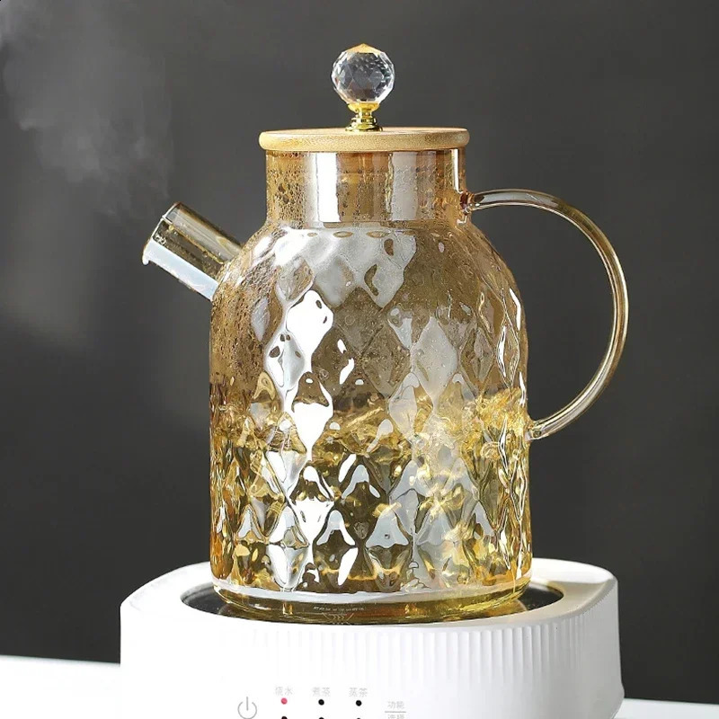 1/1.5/1.8l Glass Teapot With Bamboo Lid Amber Color Diamond Cold Kettle Heat-resisting Pot For Loose Leaf Fruit Scented Tea 240726