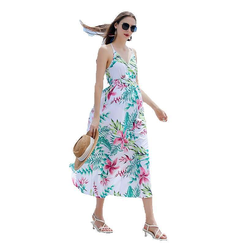 Hot Selling Brazil Fresh Backless High Waisted Long Skirt with Rural Style Print V-neck Suspender Jumpsuit Short Loose Bifurcated Silk Dress Round Nec