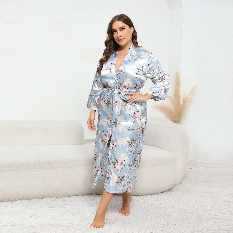 Hot selling autumn new simulation silk colored ding oversized pamas bathrobes home clothes long sleeved XXXXL