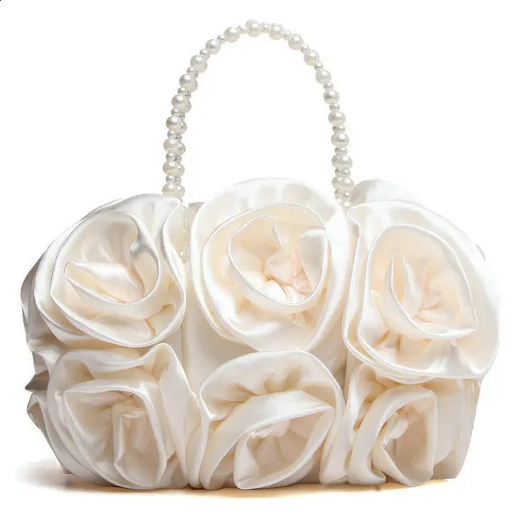DHlanhai Boutique De FGG Red Flower Rose Bush Women Satin Evening Purse Beaded Handle Tote Bag Wedding Handbag Bridal Clutch 240726