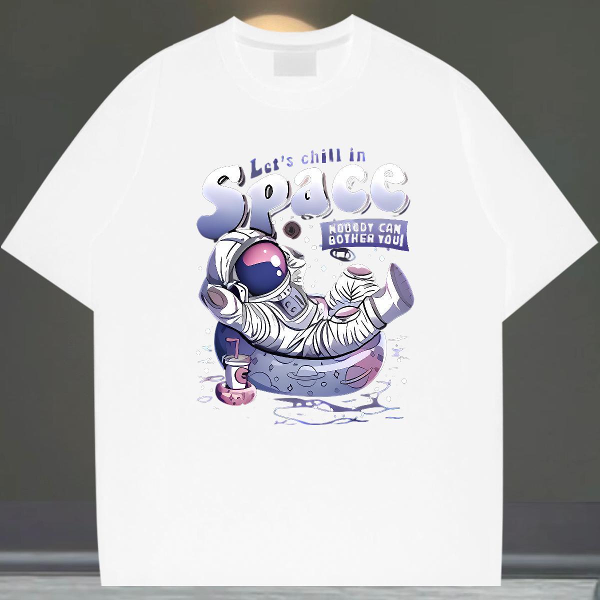 New T shirt spaceman Tops Tees 100% Cotton 230g Daily Wear High Quality Cartoon Print Breathable Crew Neck Men Tops Tees