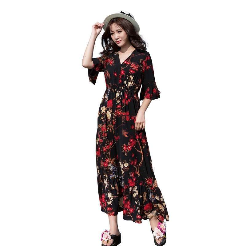 Chiffon Womens Summer Lotus Leaf Mid Sleeve Fragmented Flower with Fat Plus Size Loose Flare Skirt Holiday Beach Long Dress Pregnant Womens Dress