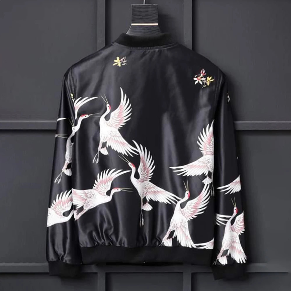 Y2K Chinese Style High Street Fashion Trend Crane Print Flight Jacket Mens Trendy Japanese Spring Autumn Baseball Uniform Jacket 240717