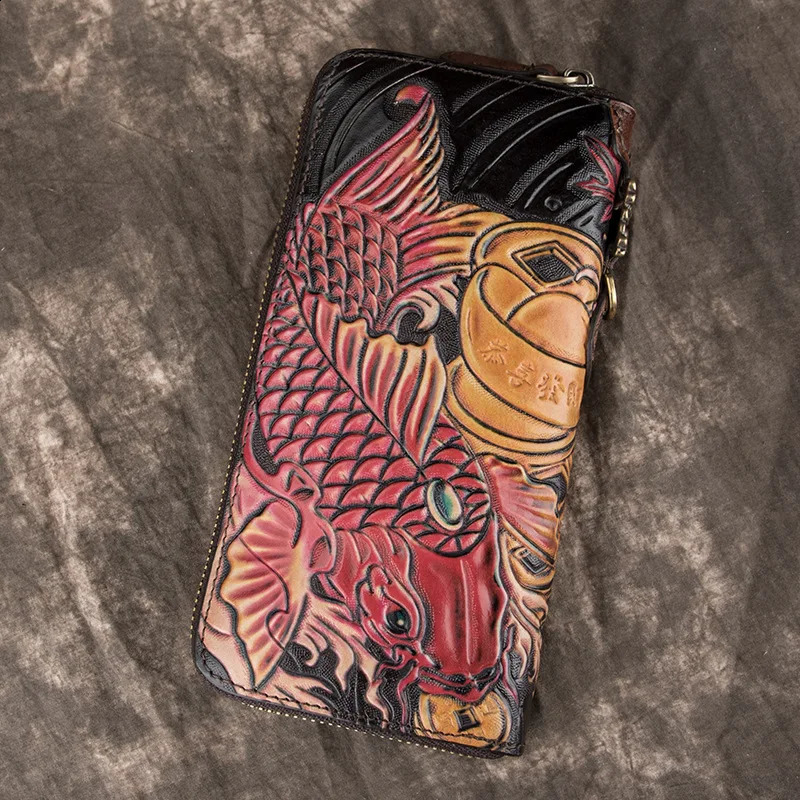 Fish Pattern Ladies Wallet Genuine Leather Coin Purse Real Cow Men or Women Vintage First Layer Cowhide Clutch Bag 240727