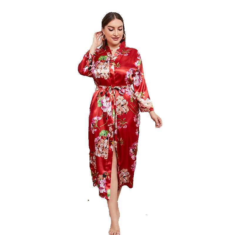 Hot selling womens oversized imitation silk red cardigan for spring and autumn seasons home clothing festive thin style pamas long sleeves
