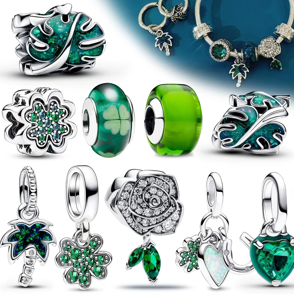 New Green Monstera Lucky Leaves Charm Fit Bracelet 925 Sterling Silver Palm Tree Dangle Charm For Women Gift Jewelry