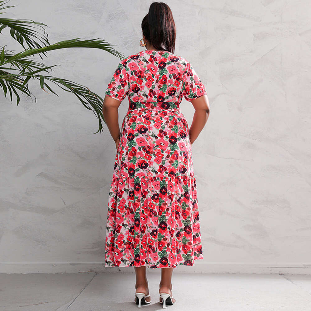 Hot Selling Oversized Loose Floral Dress for Women with V-neck Waist Up Slim and Long Skirt Seaside Vacation Beach Skirt Temperament Round Neck Dress