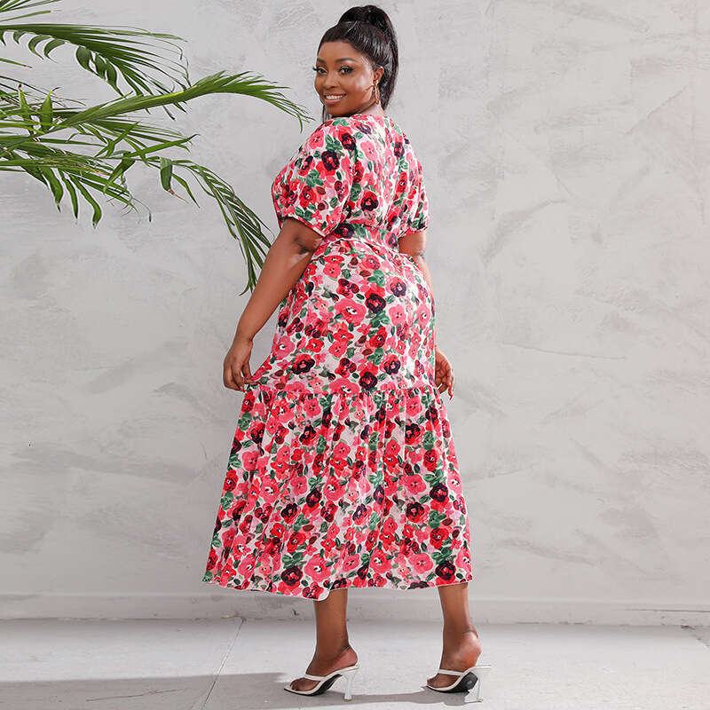 Hot Selling Oversized Loose Floral Dress for Women with V-neck Waist Up Slim and Long Skirt Seaside Vacation Beach Skirt Temperament Round Neck Dress