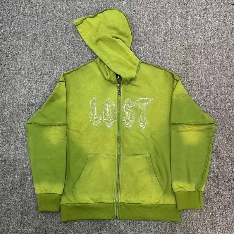 Lost Intricacy Zip Hoodie Vintage Washed And Distressed Patchwork Bead Zippered 240717