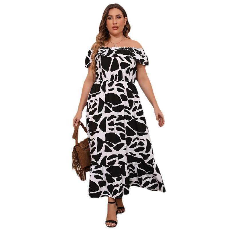 New Hot Selling Classic Black and White Paired Grand Ruffle Edge Long Skirt for Women with Cow Print Print Simple One Line Collar Dress Loose Denim Dr