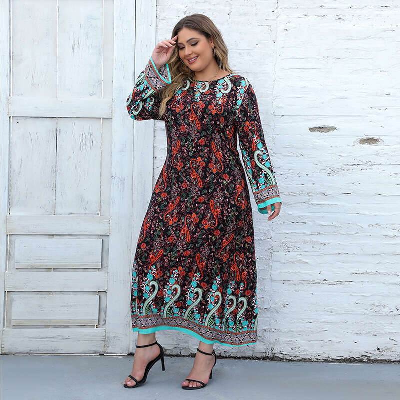 Large Size Womens New Printed Bohemian Dress Casual Sleeved Long Skirt Temperament Bifurcated Waist Self-cultivation Denim Dress