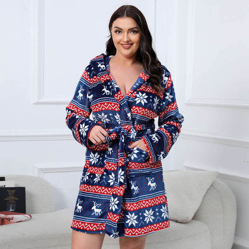 Warm Plus Size Flannel Nightgown Thickened Bathrobe Christmas Deer Morning Robe