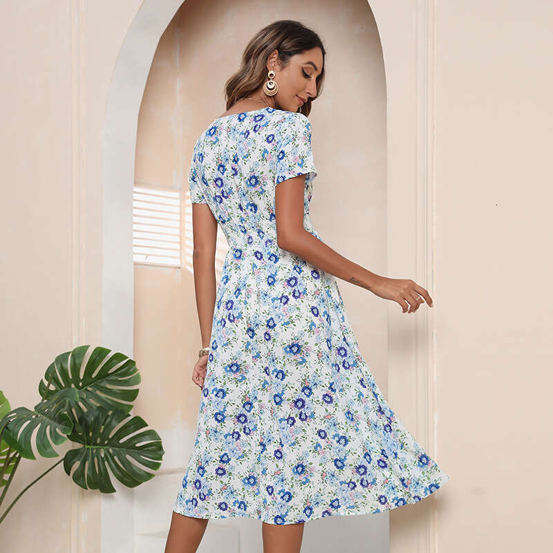 Hot Selling Holiday Style in Latin America Brazil. Elastic Waist Dress for Women with V-neck Small and Fresh Floral Loose Skirt Bifurcated Sexy Lace D