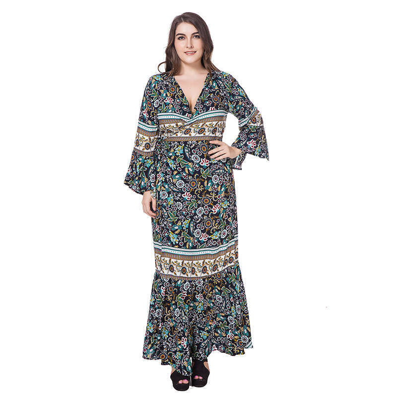 Womens Bohemian Ruffled Edge with Added Fat and Oversized Cotton Printed Long Dress Bifurcated Self-cultivation Novelty Temperament BOHO DRESS High Wa