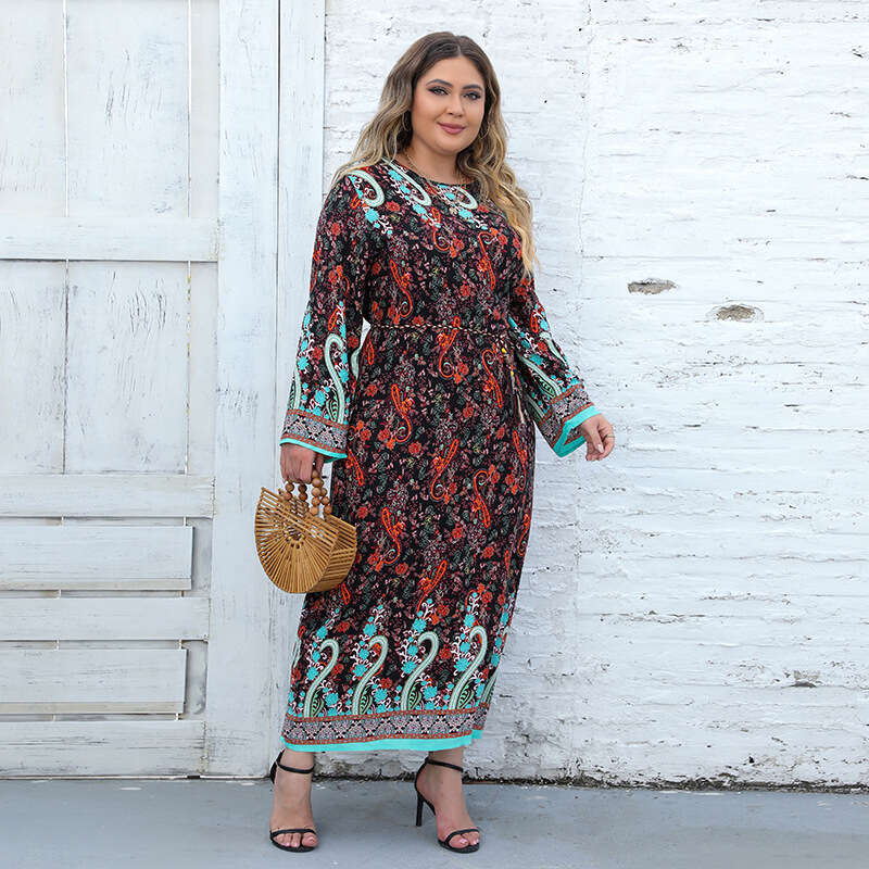 Large Size Womens New Printed Bohemian Dress Casual Sleeved Long Skirt Temperament Bifurcated Waist Self-cultivation Denim Dress
