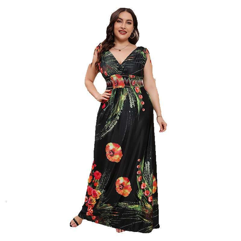 Hot Selling Chubby Mm Oversized Ice Silk Printed Bohemian Fat Plus Size V-neck Long Dress Sexy Dress Novelty Loose Waist Silk Dress Denim Dress