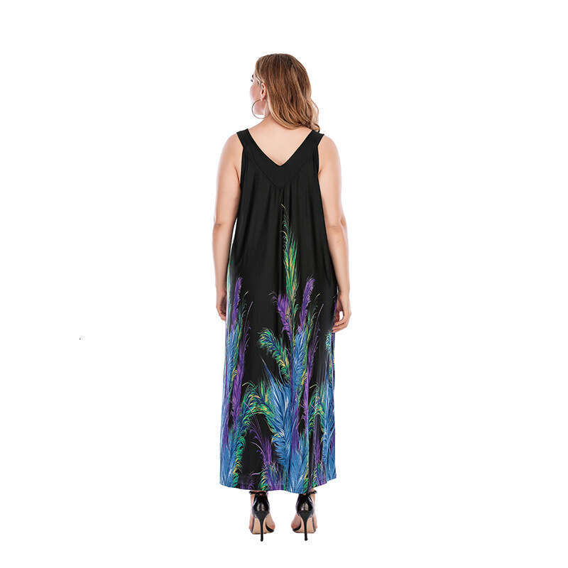 Womens Oversized Clothing Weighing 200 Pounds Chubby Mm Can Wear A Loose V-neck Dress with Black Feathers for Women Loose Waist Bifurcated BOHO DRESS