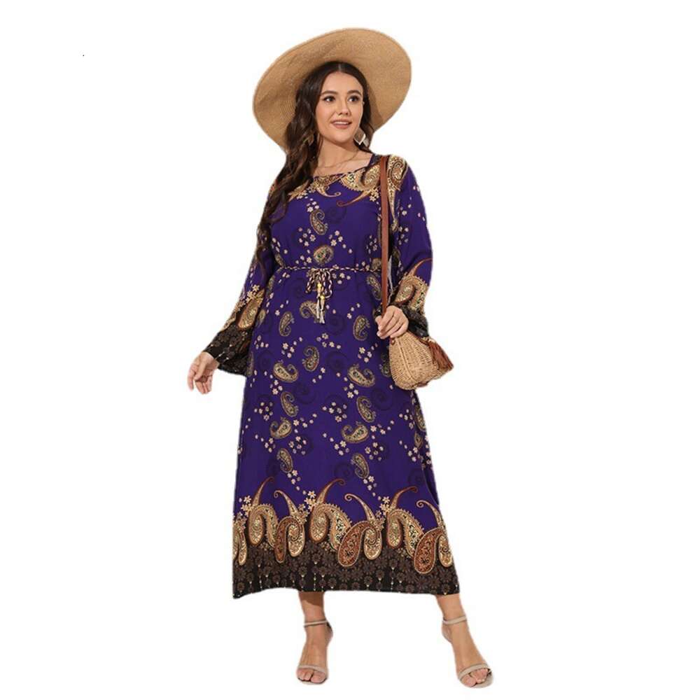 Hot Selling Oversized Loose Round Neck Printed Dress for Womens Spring and Autumn Ethnic Style Long Skirt Novelty Loose SKINNY DRESS Oversize Dress