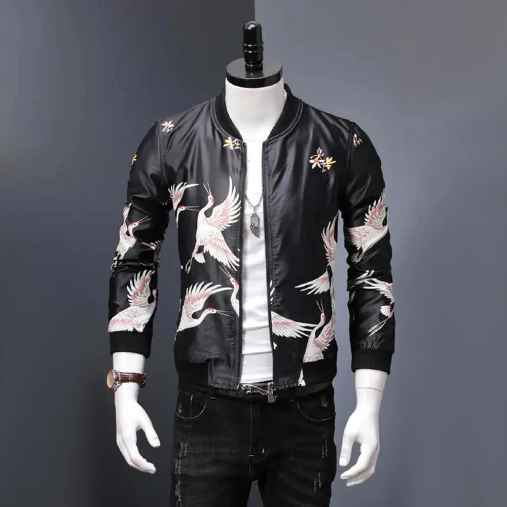 Y2K Chinese Style High Street Fashion Trend Crane Print Flight Jacket Mens Trendy Japanese Spring Autumn Baseball Uniform Jacket 240717