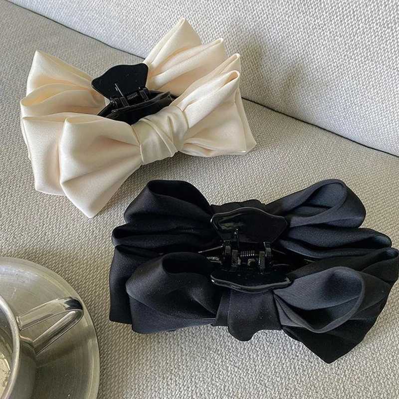 Black Double-sided Bow Clip Women Large Satin Shark Hair Claw Solid Bowknot Hairpin Barrettes Headbands Fashion Hair AccessoriesL240727