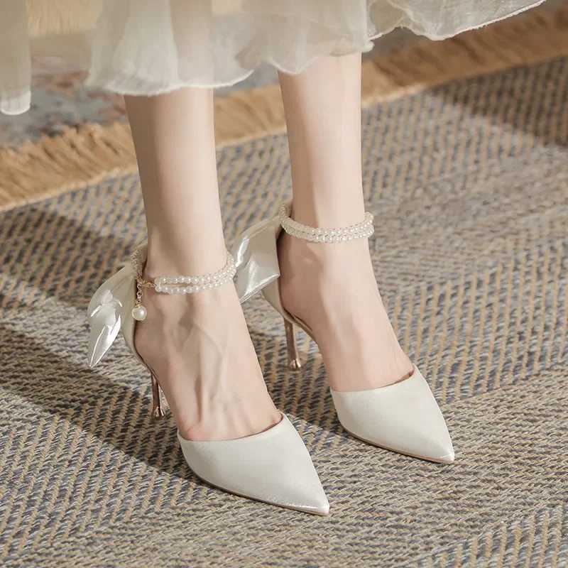 High Quality New womens slim high-heeled hollow sandals womens pearl butterfly horn toe high-heeled shoes womens wedding shoes T241024