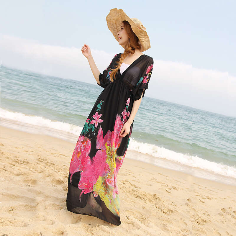 Fashionable Dress Seaside Vacation Oversized Beach Skirt Chiffon Floral Short Sleeved V-neck Dress Short Waist Novelty Pregnant Womens Dress