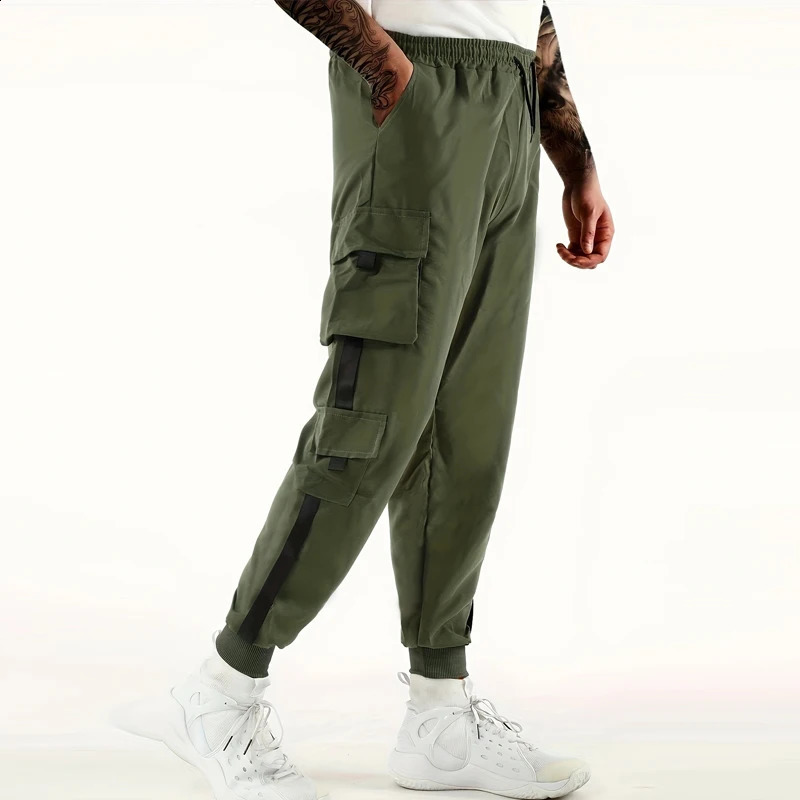 Loose Fit Multi Pocket Joggers For Spring Summer Mens Street Style Waist Drawstring Casual Pants Cargo Fitness Outdo y241017