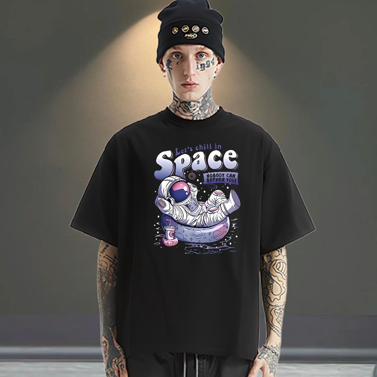 New T shirt spaceman Tops Tees 100% Cotton 230g Daily Wear High Quality Cartoon Print Breathable Crew Neck Men Tops Tees