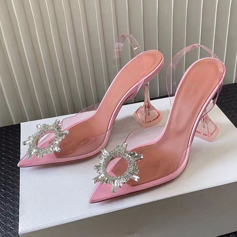 Designer -Women's sandals dress Shoes Bow Crystal diamond embellished clear PVC wine glass High Heel slippers Evening shoes