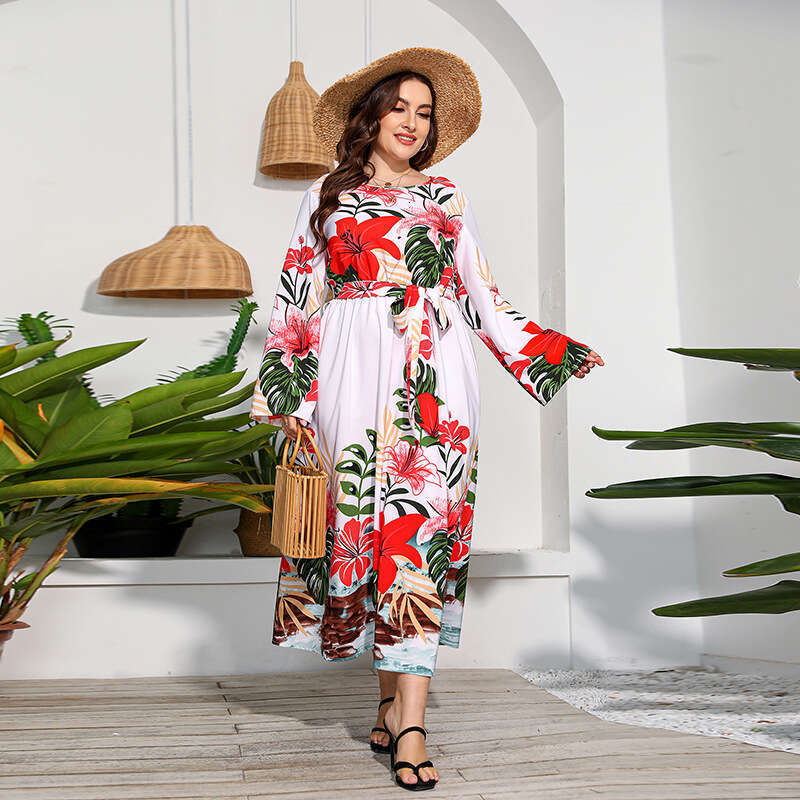 Hot Selling Large-sized Printed Sleeved Dress with High Waistband and Holiday Style Large Hem Long Skirt Sexy Short Self-cultivation SKINNY DRESS